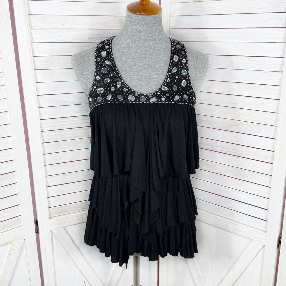 American Rag‎ Y2K Tiered Ruffle Crystal Racerback Tank Top Shirt Black Medium
